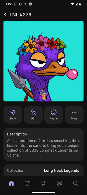 A mobile app screen displays an NFT of a purple cartoon bird character with a flower crown, labeled 'LNL #279' from the 'Long Neck Legends' collection of 3333 items on Solana.