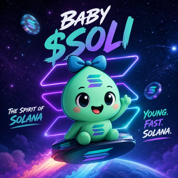 A cartoon mascot for Baby $SOL featuring a cute teal alien-like character with a blue bow on a rocket, with text reading 'THE SPIRIT OF SOLANA' and 'YOUNG. FAST. SOLANA.'