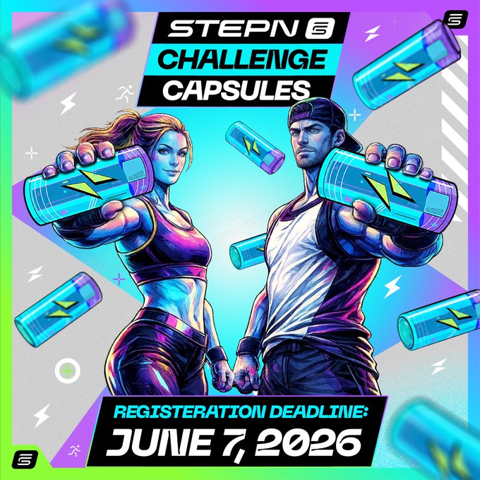 The image shows a poster for a challenge capsules beta test, featuring two people holding up cans of energy drinks with the text "StepN 6 Challenge Capsules" written above them. The poster also includes a registration deadline for the beta test, which is scheduled for June 7th and will run from June 8th to June 20th.