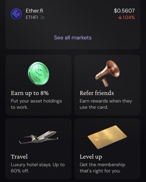 Dark-themed app interface showing 'Ether.fi' (ETHFI) priced at $0.5607, down 1.04%, with menu options to 'Earn up to 8%', 'Refer friends', 'Travel', and 'Level up'.