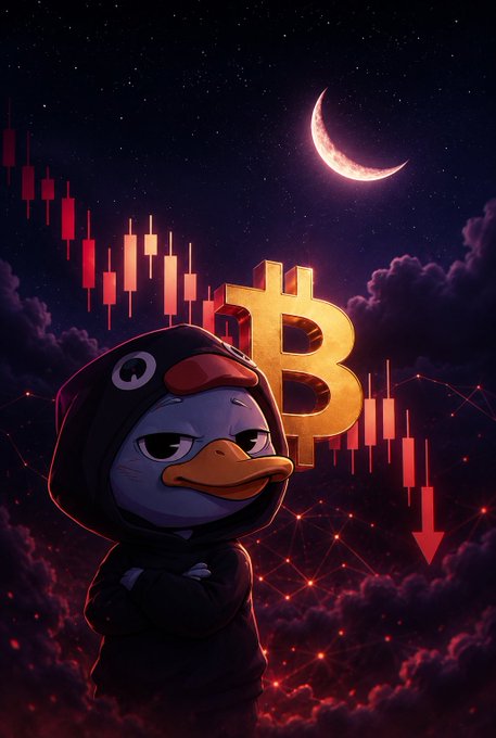 The image shows a cartoon penguin with arms crossed standing next to a Bitcoin symbol with a crescent moon behind it, creating an unusual scene that contrasts the penguin's natural habitat with modern digital currency. The penguin appears to be contemplating the market fluctuations depicted in the Bitcoin symbol and the overall downward trend of the cryptocurrency's value. The post seems to provide some context about what is happening in the financial world at the time the image was created, though it doesn't directly relate to the cartoon characters or their situation.