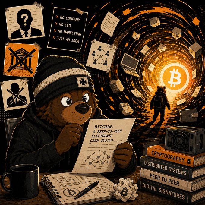 A brown bear in a beanie and hoodie reads a paper titled 'BITCOIN: A PEER-TO-PEER ELECTRONIC CASH SYSTEM' at a desk stacked with cryptography books, with a Bitcoin-lit tunnel in the background.