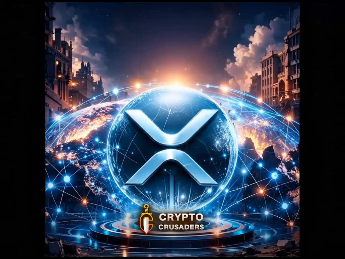The image features a large blue globe with an x on top, surrounded by numerous lines of lights that create a digital representation of the world. The background shows buildings and other city elements, suggesting an urban setting. In the bottom right corner, there is text that reads "RIPPLE" and "UPGRADING THE SYSTEM!!". This could be related to Ripple Labs' new RIPPLE logo or their involvement in global payment software development.
