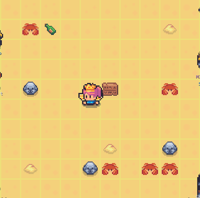 A pixel art character with pink hair and a crown stands on a sandy grid in Sunflower Land, surrounded by rocks, red crabs, and scattered items like a carrot. The post highlights the simplicity of the day's gameplay in this charming farming adventure.