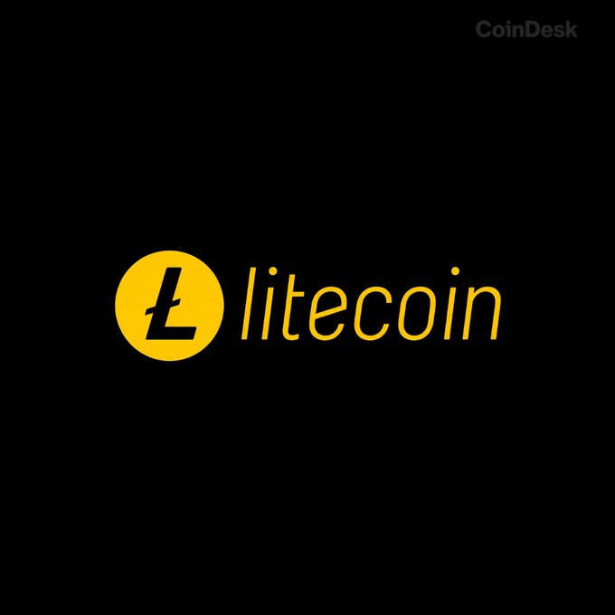 The Litecoin cryptocurrency logo displayed in yellow on a black background with 'CoinDesk' text visible in the top right corner.
