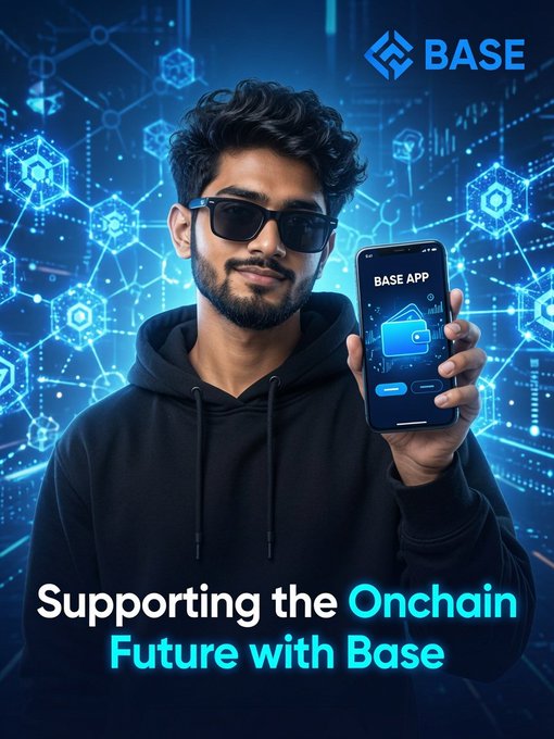 A young man in a black hoodie and sunglasses holds up a smartphone displaying the "BASE APP" against a futuristic blue blockchain network backdrop featuring the "BASE" logo. The caption "Supporting the Onchain Future with Base" reinforces the post's message of consistent Web3 engagement, with the digital wallet imagery symbolizing the steady, transaction-by-transaction building of Base's growing ecosystem.