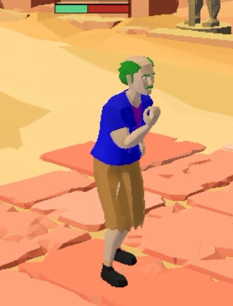 A retro, low-poly 3D rendered image of a bald man with green hair and mustache wearing a blue shirt and tan shorts, standing on cracked pink terrain.