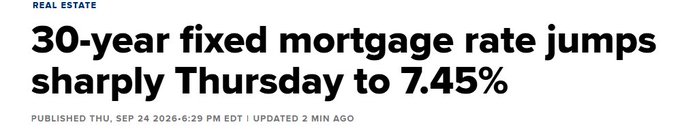A news headline reads 'REAL ESTATE: 30-year fixed mortgage rate jumps sharply Thursday to 7.45%', published Thu, Sep 24 2026.