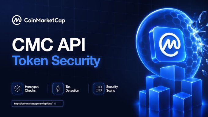 A CoinMarketCap promotional banner for "CMC API Token Security" featuring three key features—Honeypot Checks, Tax Detection, and Security Scans—with a glowing blue shield logo and the URL https://coinmarketcap.com/api/docs/, highlighting the platform's DEX API that scores smart contracts to detect scams like honeypots, taxes, and mint authorities.