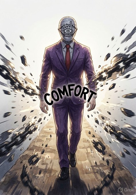 An anime-style illustration of a figure in a purple suit and red tie walking forward as chains break apart, with the word 'COMFORT' overlaid, credited to Grok.