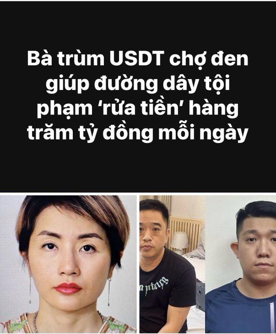A Vietnamese news headline reading 'Bà trùm USDT chớp đèn giúp đường dây tội phạm 'rửa tiền' hàng trăm tỷ đồng mỗi ngày' above photos of three individuals.
