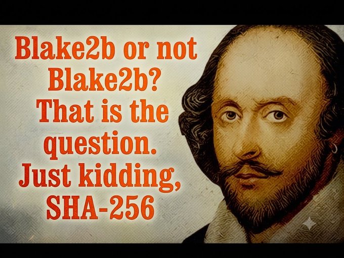 A meme features a portrait of William Shakespeare next to orange text parodying his famous soliloquy, reading: "Blake2b or not Blake2b? That is the question. Just kidding, SHA-256." The image humorously relates to the post by replacing Shakespeare's existential dilemma with a cryptographic one, ultimately choosing SHA-256 over Blake2b.