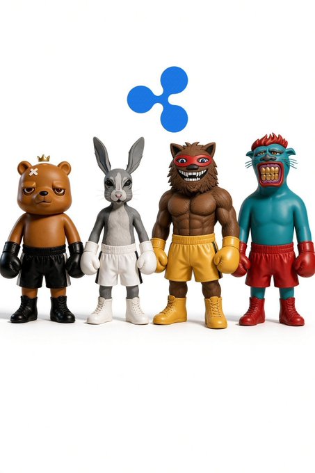 Four colorful, anthropomorphic boxer figurines stand in a row wearing boxing gloves and trunks, with the blue Ripple (XRP) cryptocurrency logo displayed above them. The image appears to be a playful visual metaphor for the "Xrpl United" community contest, where the logo symbolizes a unified contender standing alongside quirky fighters in the ring.