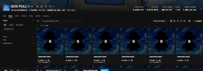 Screenshot of the 'GOD PULL' NFT marketplace showing floor price 0.0150 ETH and total volume 100.20 ETH, with a grid of 'UNKNOWN OMEN' NFT listings.