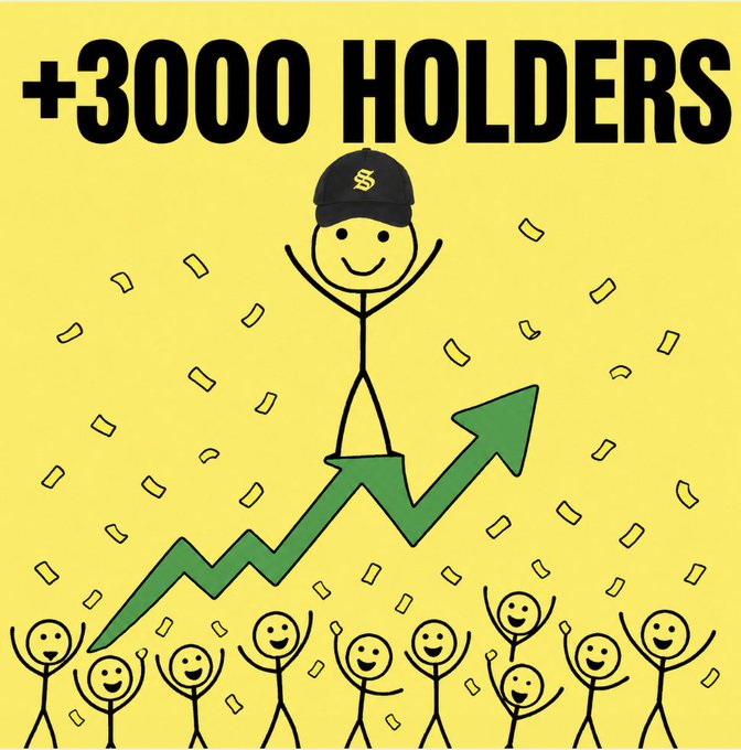 A yellow graphic displays bold black text reading '+3000 HOLDERS' above a cartoon stick figure in a cap standing on a green upward-pointing arrow, surrounded by cheering stick figures and confetti.