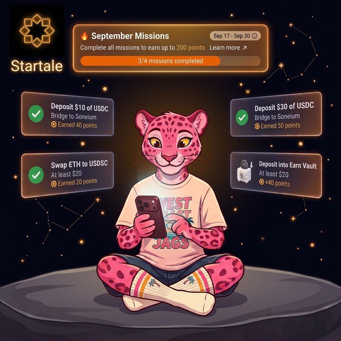 A promotional graphic for 'Startale' showing an anthropomorphic pink jaguar character holding a phone, with a 'September Missions' progress bar showing 3/4 missions completed for earning up to 200 points.