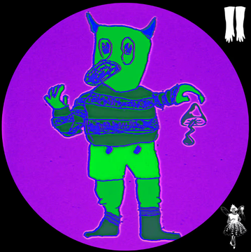 The image features a cartoon character dressed as a green monster with a mask, holding a mushroom and wearing boots. The character appears to be standing against a purple background. There are also two small images of people present in the scene - one on the left side and another on the right side.