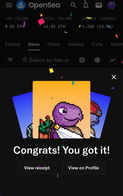 A celebratory OpenSea pop-up displays "Congrats! You got it!" over pixel-art NFT character images, with collection stats showing 12.62 ETH total volume and 1,258 unique owners. The post references "The whackys" collection adding @Turtlefees NFTs to their vault for daily prize distributions.