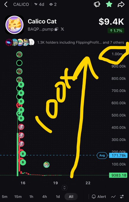 A screenshot of the Calico Cat cryptocurrency (ticker: BAQP...pump) showing a market cap of $9.4K with an upward arrow annotated in yellow reading "LFG!" pointing toward 1.00m.