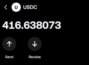 A mobile wallet interface displaying a USDC balance of 416.638073 with Send and Receive options.