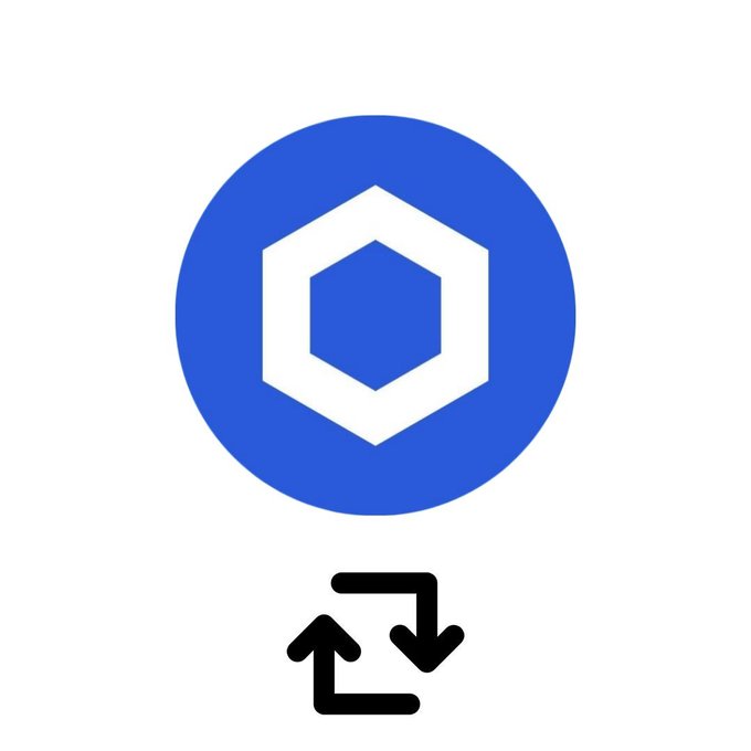 A blue circular logo featuring a white hexagonal shape with a smaller hexagon inside, accompanied by a black swap/exchange icon below it.