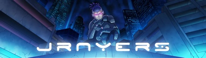 A futuristic anime-style banner showing a cyborg character with glowing pink eyes hovering above text reading 'JANYERE' against a dark cyberpunk cityscape.