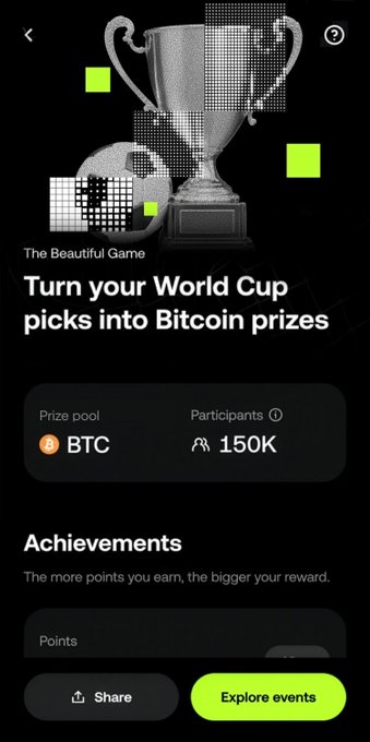 The image shows a phone screen with an app that appears to be related to Bitcoin. The main focus of the app is a competition called "The Beautiful Game" where participants can win Bitcoins by participating in a daily check-in challenge, sharing their achievements on social media using a specific hashtag, and attending match calls. The app also provides information about how to participate in the Bitcoin pool and offers prizes for those who accumulate enough points.