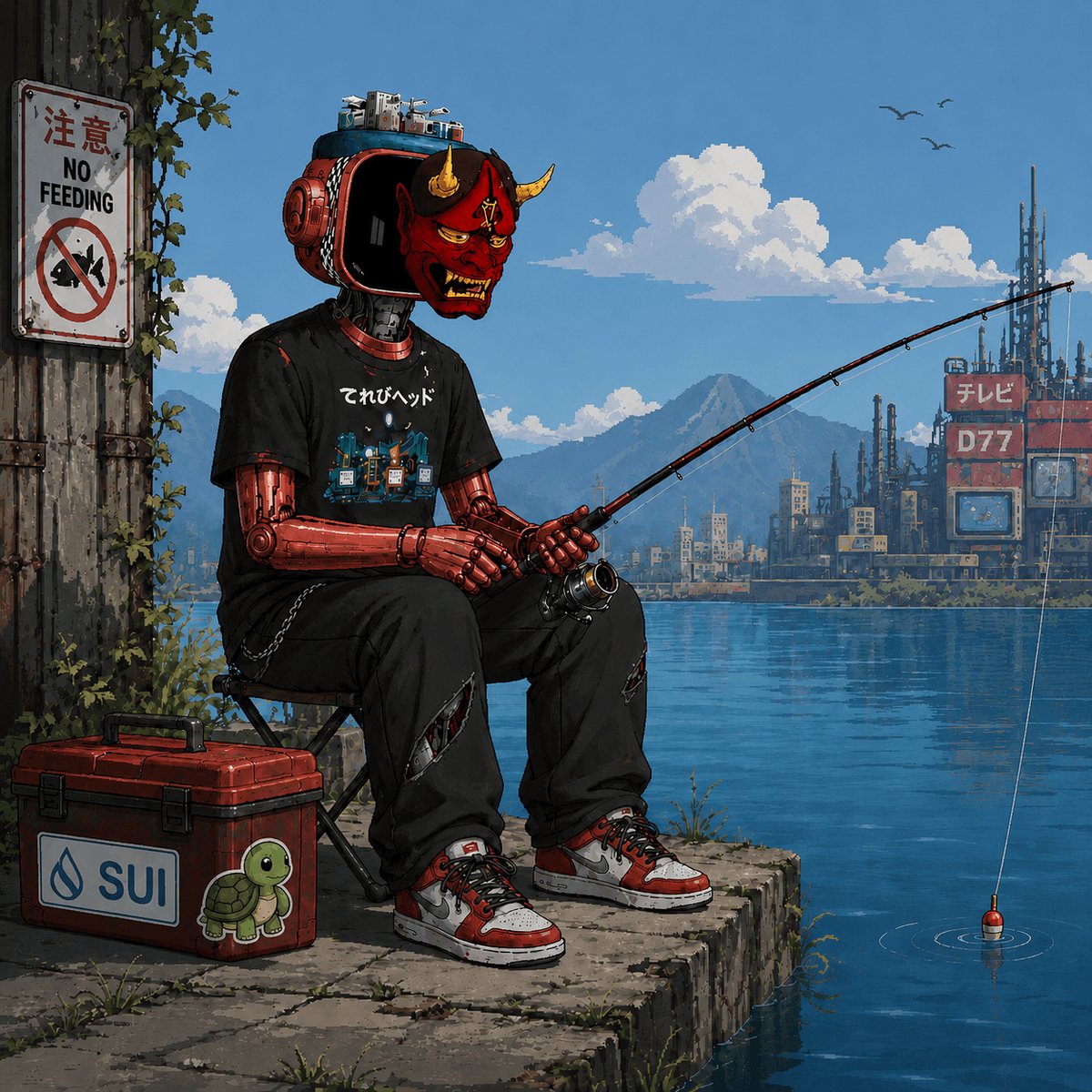 The image features a robot figure sitting by a body of water, wearing a red mask with horns and holding a fishing rod. There are also two signs present in the scene - one that says "No Fishing" and another that reads "GM $SUI fam and #Crypto frens Hold the line". The post seems to be promoting an event or gathering related to fishing or water-related activities, possibly for a specific gaming community or a charity event.

The robot figure is positioned in front of a red suitcase, which could potentially belong to one of the attendees at this event. The image captures the attention with its unique and creative representation of a person wearing a mask while sitting by the water, holding a fishing rod.