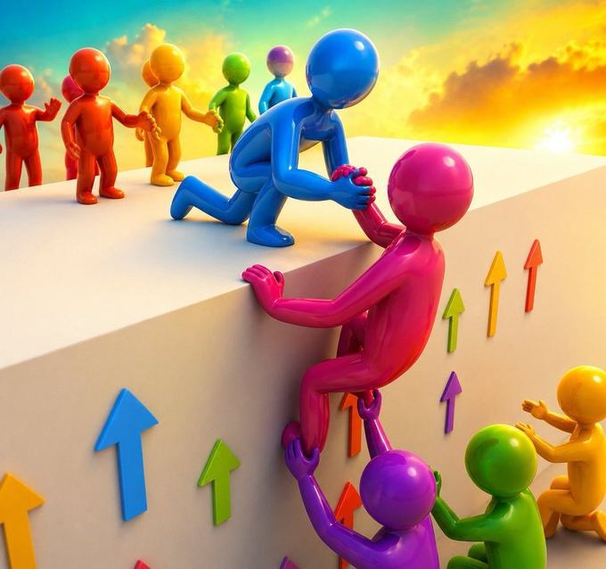Colorful 3D figures collaborate to lift each other up a towering wall, symbolizing teamwork and collective progress. The imagery visually reinforces the post's message of "Growth has been activated" from @cryptohdaily, depicting upward momentum through community support.