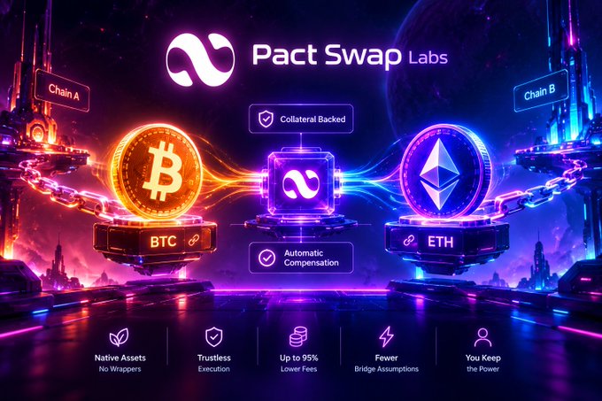 A promotional graphic for Pact Swap Labs showing a bridging service between Chain A (BTC) and Chain B (ETH) with features like Collateral Backed, Automatic Compensation, Native Assets, Trustless Execution, Up to 95% Lower Fees, and Fewer Bridge Assumptions.