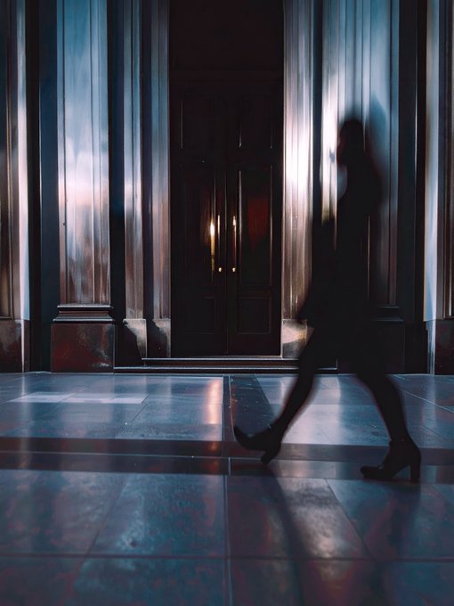 A dark, moody photograph of a silhouetted figure walking past large columns and a door, with a reflection visible on the wet floor.