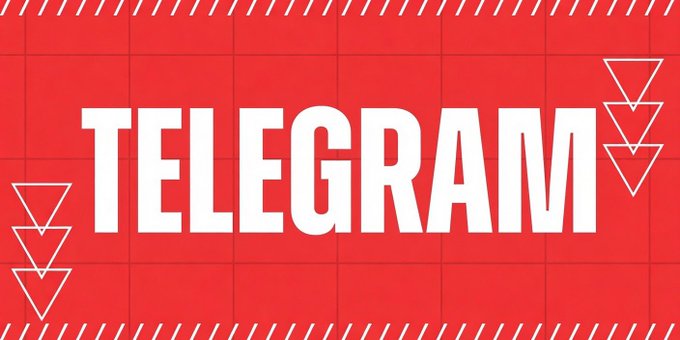 A bold red graphic displays the word 'TELEGRAM' in large white capital letters, decorated with white triangular patterns and stripes.