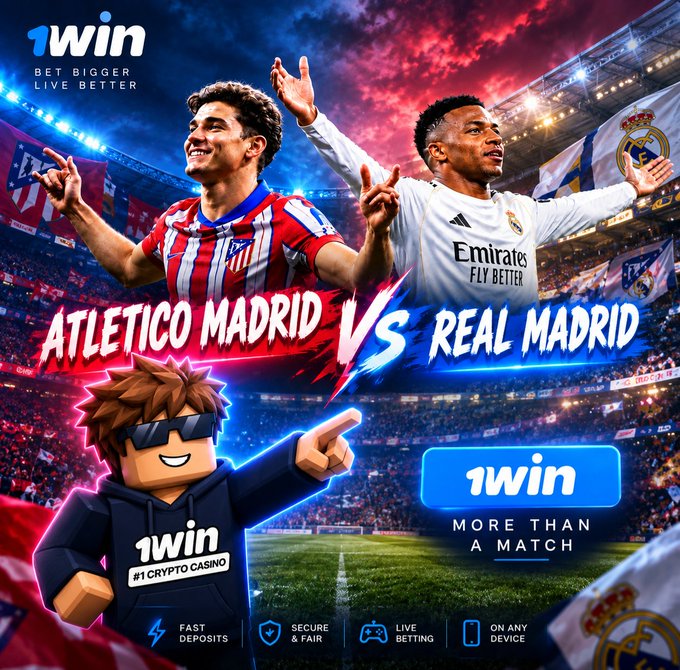 A vibrant promotional graphic featuring soccer players in Atletico Madrid and Real Madrid kits with a "VS" graphic, alongside a cartoon mascot promoting "1win" betting features ("Bet Bigger, Live Better," "#1 Crypto Casino," "Fast Deposits," "Secure & Fair," "Live Betting," "On Any Device") under the slogan "More Than a Match." The image captures the Madrid derby rivalry atmosphere described in the accompanying post about matchday energy and betting engagement.