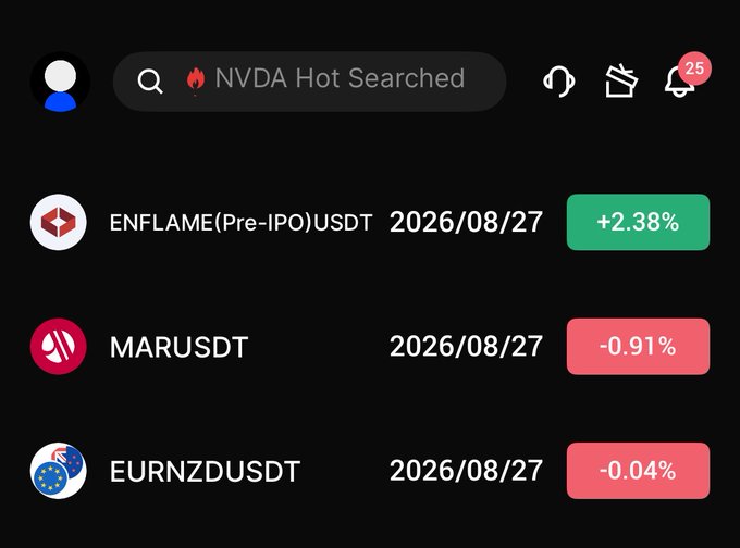A mobile app interface displays a 'NVDA Hot Searched' section showing cryptocurrency pairs: ENFLAME(Pre-IPO)USDT at +2.38%, MARUSDT at -0.91%, and EURNZDUSDT at -0.04%, all dated 2026/08/27.