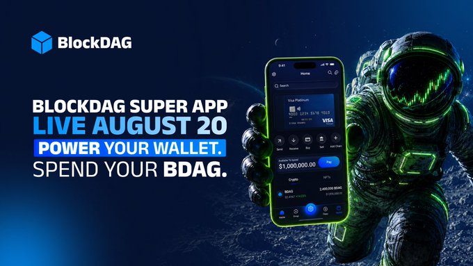 The image features a poster for a new app called "BlockDAG Super App" that allows users to buy and sell cryptocurrency using their super app. The poster includes an illustration of an astronaut holding up a phone displaying the app's logo, with text promoting the app's features such as low cost transactions and high ROI (return on investment). The poster also mentions that the app is available for launch in August 20th.
