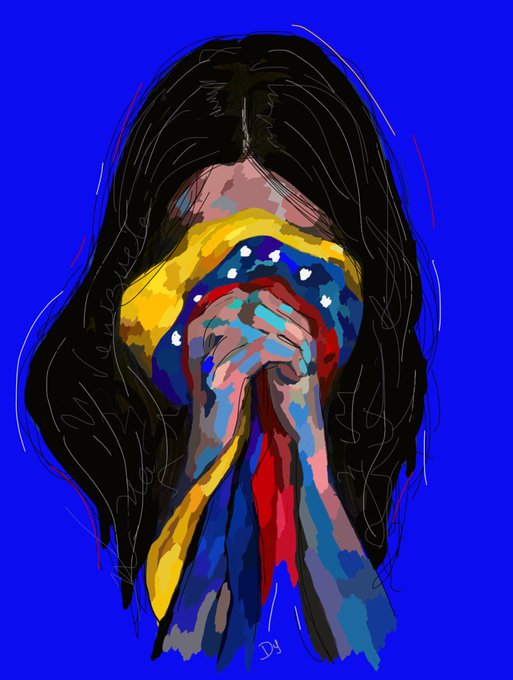 A digital illustration depicts a woman with long dark hair holding her hands over her face in a gesture of distress, with the Venezuelan flag colors (yellow, blue, and red) and white stars painted across her hands and draped like fabric against a vivid blue background. The somber, prayerful imagery visually echoes the post's plea to "Pray for Venezuela," using the nation's flag as a powerful symbol of suffering and hope.