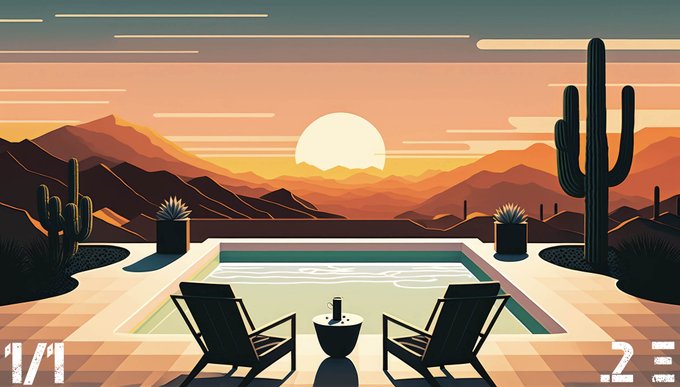 A digital illustration of a desert sunset scene with a swimming pool, two lounge chairs, cacti, and mountains in the background, labeled "1/1" and "23" in the corners.