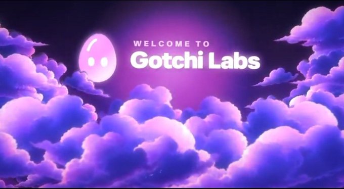 A purple-themed graphic displays 'WELCOME TO Gotchi Labs' with a small smiling ghost-like character floating among clouds.