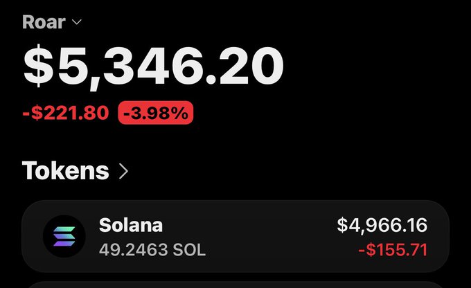 A screenshot of a "Roar" crypto portfolio showing a total balance of $5,346.20, down $221.80 (-3.98%), with the main holding being 49.2463 Solana (SOL) valued at $4,966.16, down $155.71—visually illustrating the kind of wallet performance the post encourages viewers to check.