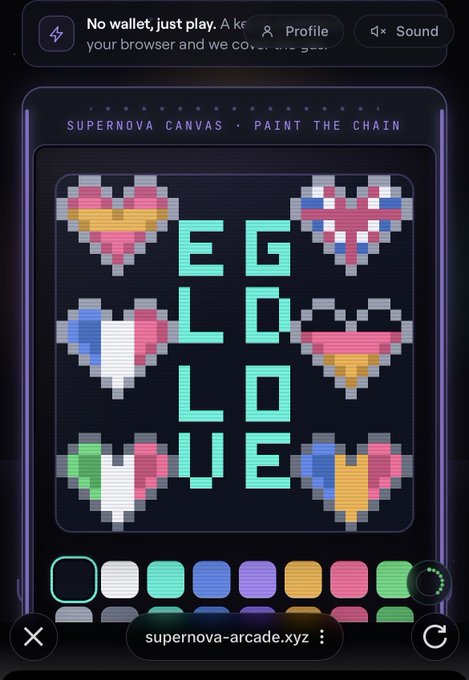 A pixel art "Supernova Canvas - Paint the Chain" mini-game displays the word "EGLDLOVE" surrounded by colorful heart designs, accessed at supernova-arcade.xyz. The color palette at the bottom and pixelated artwork illustrate the interactive on-chain painting experience that the post celebrates for showcasing Supernova's speed and generating high transaction volume.