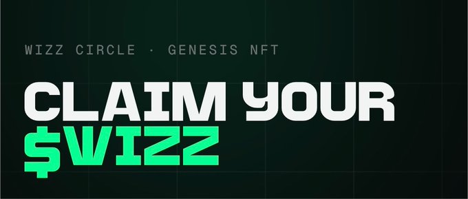 A promotional graphic on a dark green grid background advertises the WIZZ CIRCLE Genesis NFT airdrop, with bold white text reading "CLAIM YOUR" above "$WIZZ" highlighted in bright green, encouraging eligible holders to claim their tokens via the provided link.