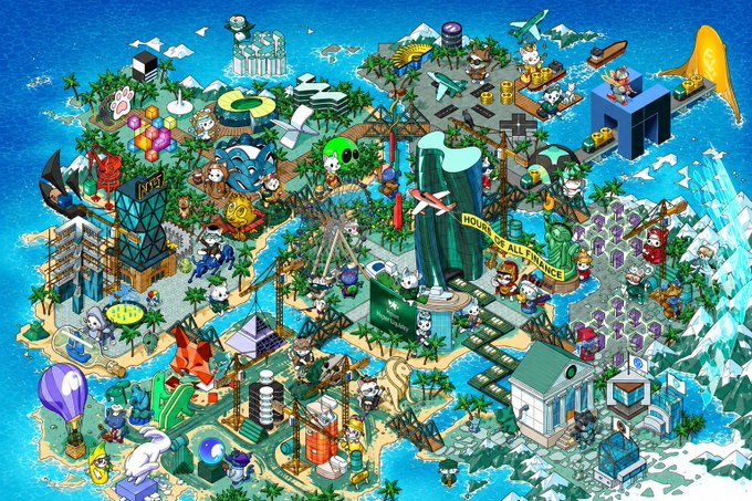 A vibrant, cartoon-style map of an island featuring various crypto-themed characters, landmarks, and a banner reading "HOURS OF ALL EXCHANGE," serving as a playful visual reference to the Hyperliquid ($HYPE) crypto ecosystem.