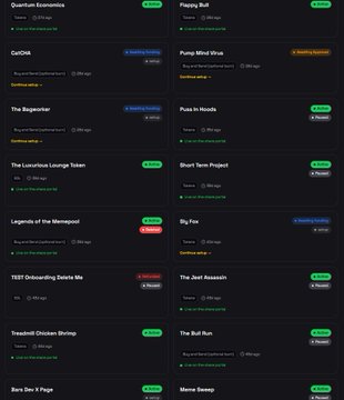 The image displays a grid of project listings on a cryptocurrency platform, including titles like "Quantum Economics," "GoCGM," "The Bagender," "The Luxurious Lounge Token," "Legends of the Memepead," "TRT Onboarding Sakini Me," "Treadmill Chicken Shrimp," "Bars Dex X Page," "Floppy Bull," "Pump Mind Virus," "Puss in Boots," "Short Term Project," "Big Fox," "The Jerk Assassin," and "The Bull Run," with various tags indicating their status (Active, Inactive, Paused, Pending). 

This appears to be a promotional screenshot showcasing active crypto projects that could benefit from the visibility-boosting services offered via barsonsol.com/dev, aligning with the post's call to action for project owners to increase exposure and drive token purchases.