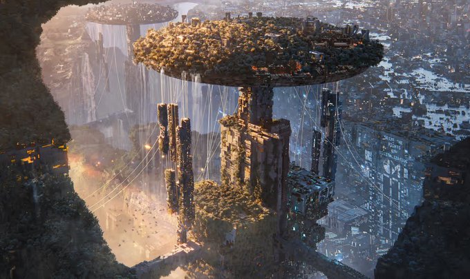 A sci-fi cityscape showing floating futuristic structures with waterfalls cascading from disc-shaped buildings connected by cables over a dense urban landscape.