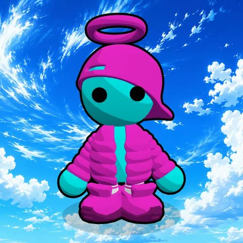 A cartoonish cyan-skinned character wearing a pink hooded outfit and featuring a pink halo above its head is centered against a vibrant blue sky filled with swirling clouds. The image illustrates the NFT's "Halo" notable trait and represents The God Pull collection item #2035, which sold for 0.038 ETH ($72.27) and ranks #474 in OpenRarity.