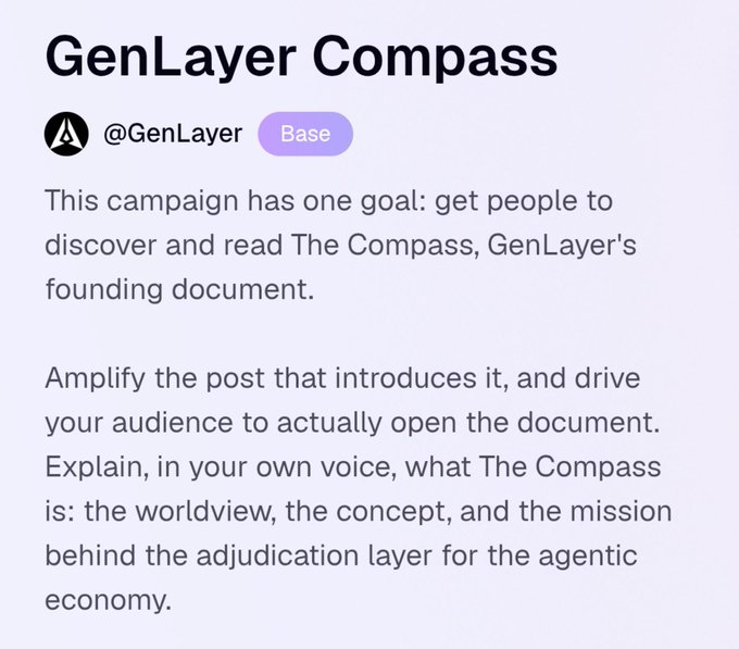 GenLayer Compass campaign post by @GenLayer promoting The Compass as GenLayer's founding document, with instructions to amplify the introduction and explain its worldview, concept, and mission behind the adjudication layer for the agentic economy. The image appears to be a separate campaign brief and doesn't directly reference the accompanying post about two wallets receiving different eligibility results from different RPC providers.