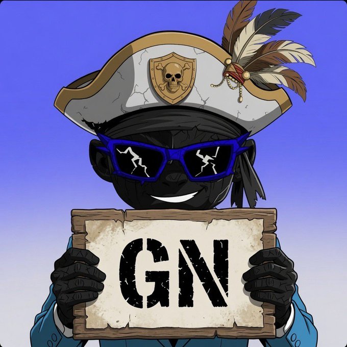 An NFT-style cartoon illustration of a character with dark skin wearing cracked blue sunglasses and a pirate hat with a skull emblem, holding a sign that reads 'GAN'.
