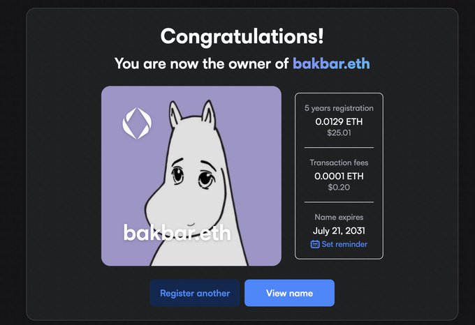 An ENS domain registration confirmation page announcing ownership of 'bakbar.eth' with a Moomin character, registered for 5 years at 0.0129 ETH.