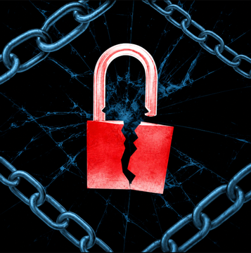 A graphic showing a broken red padlock in the center, surrounded by blue chains against a cracked dark glass background.