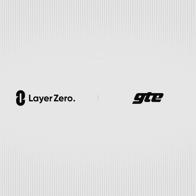 A clean, minimalist graphic featuring the 'Layer Zero.' logo on the left, separated by a thin vertical line from a stylized 'gte' logo on the right, set against a light gray vertically-striped background.